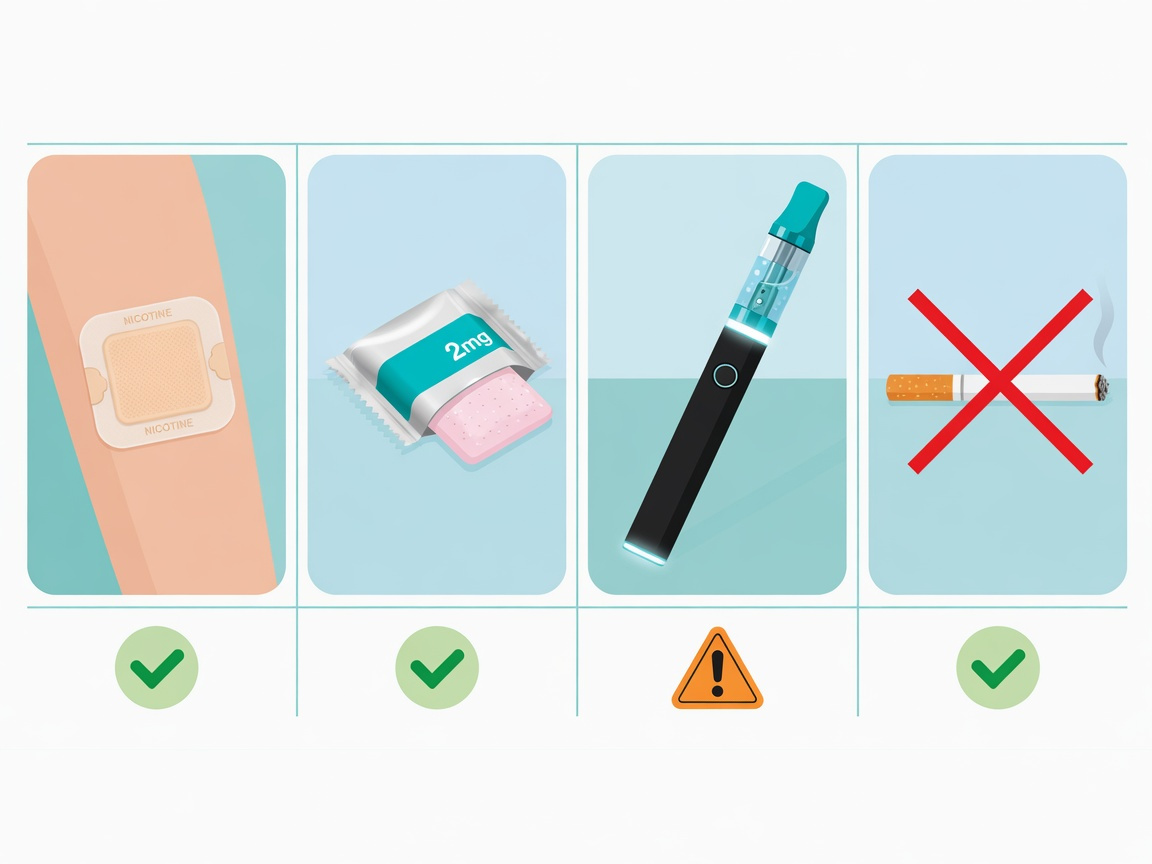 Flat-design illustration comparing e-cigarettes, nicotine patches, gum, and cold turkey as stop-smoking methods side by side