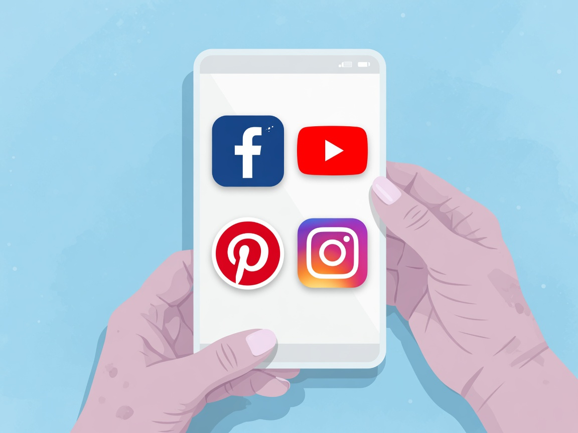 Flat design comparison of senior-friendly social media platforms Facebook YouTube Pinterest on smartphone