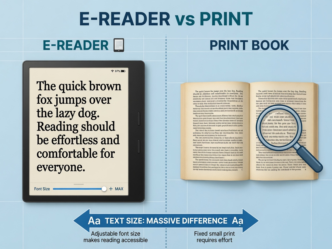 Close-up comparison of e-reader large adjustable font versus small print book text for seniors