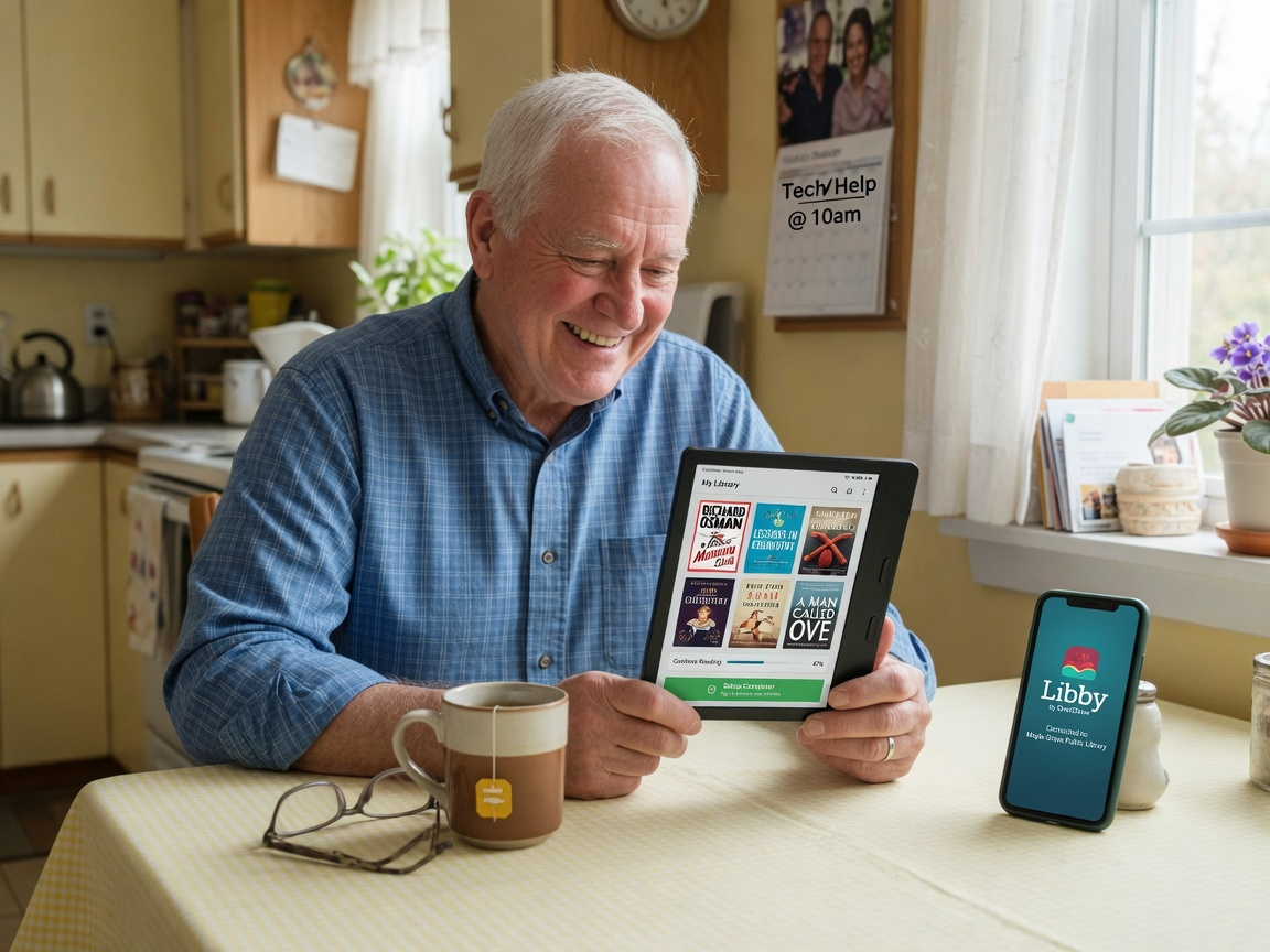 Senior man setting up an e-reader at kitchen table with Libby library app on screen, 2026