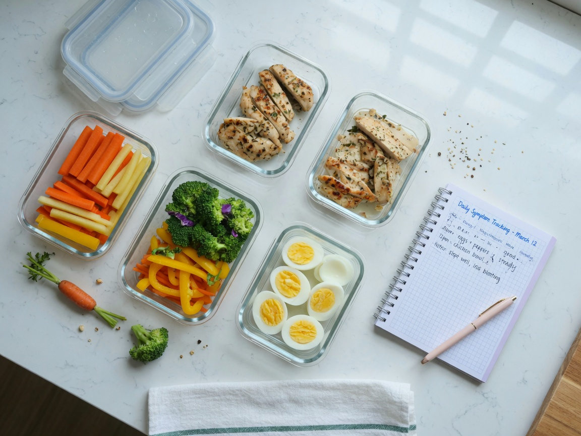 Fibromyalgia-friendly meal prep layout with colourful vegetables, lean protein portions, and glass containers for seniors