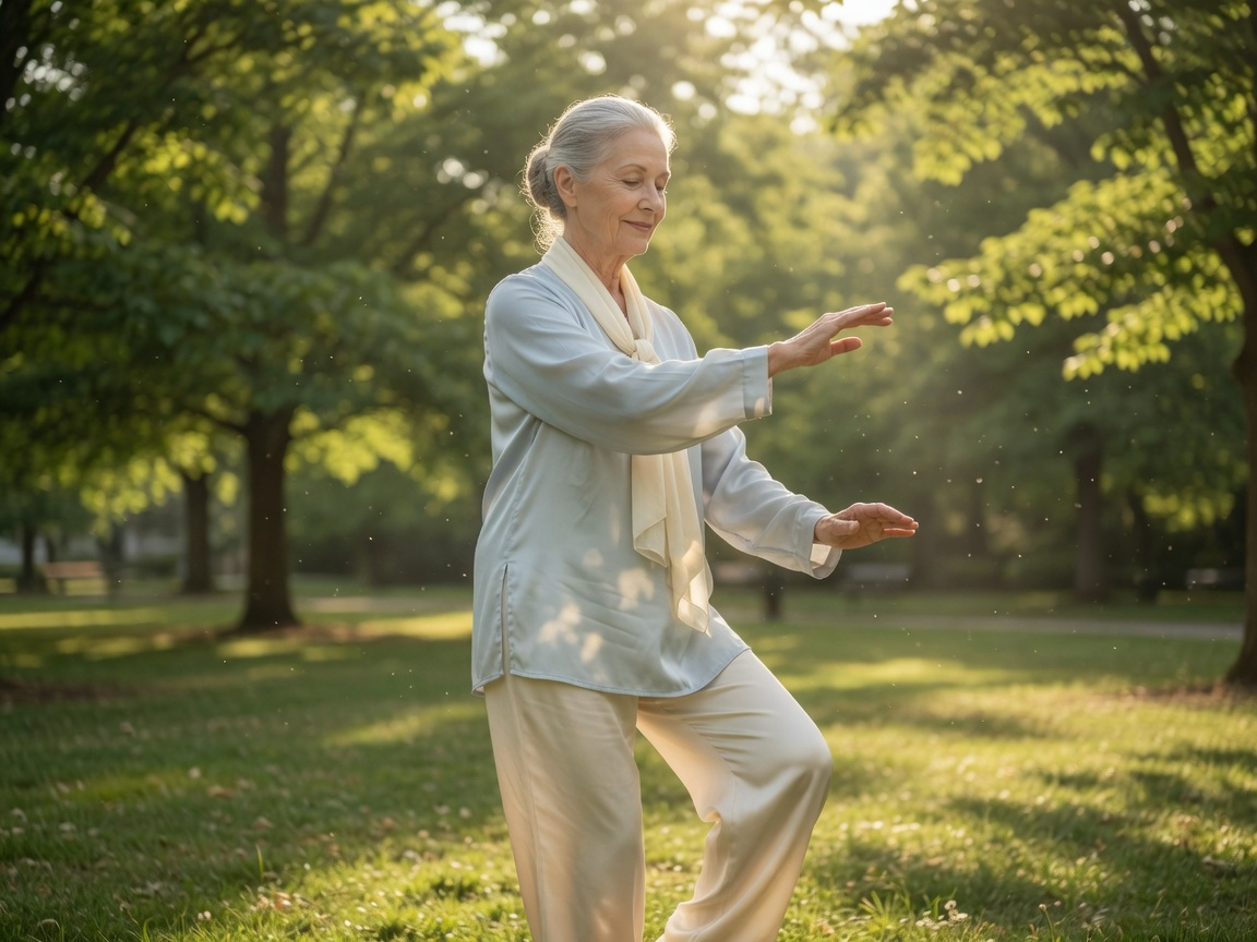 Senior woman practising gentle tai chi outdoors in a park — low-impact exercise for fibromyalgia management