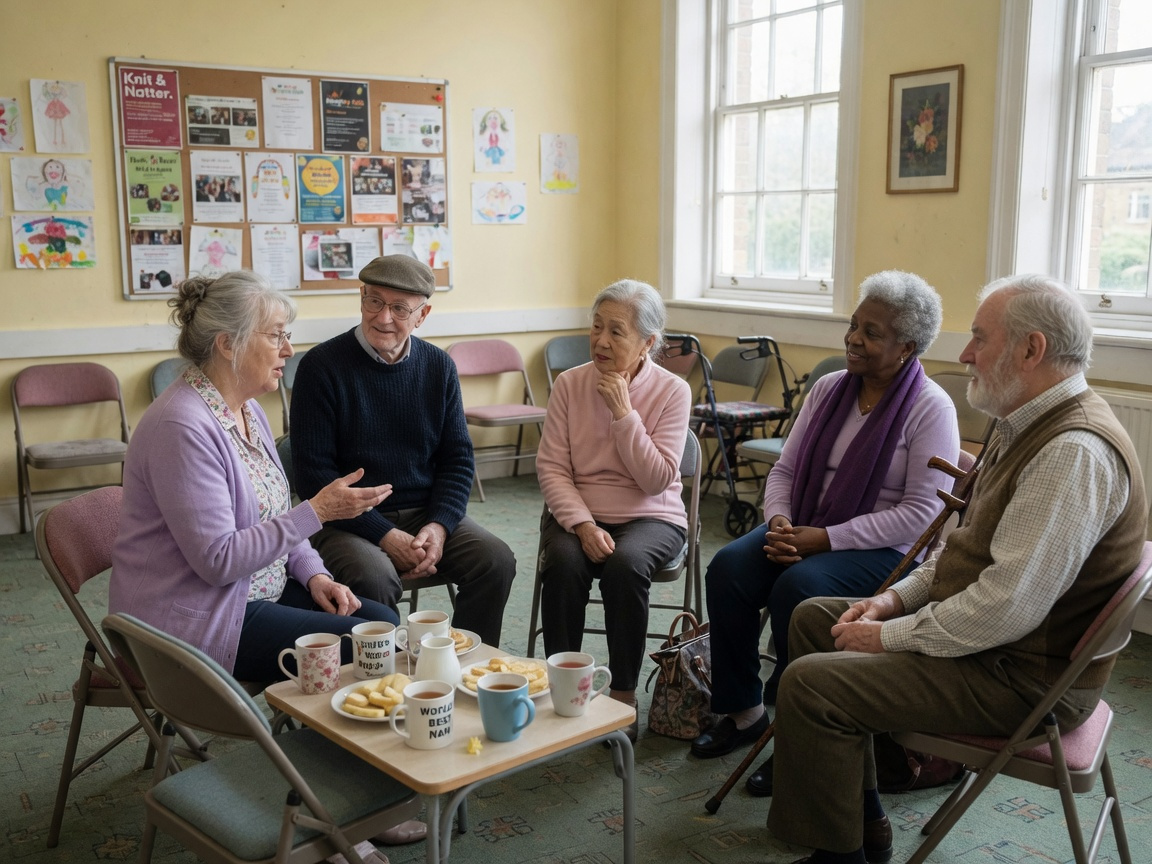 Small group of older adults sitting in a circle at a community centre arthritis support group, talking and listening warmly