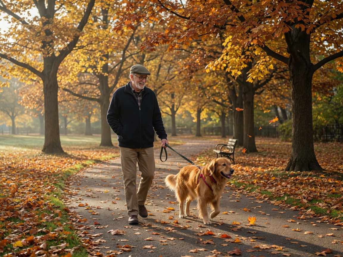 Cheerful older man walking a golden retriever on a sunny autumn park path, illustrating pet therapy for arthritis pain management