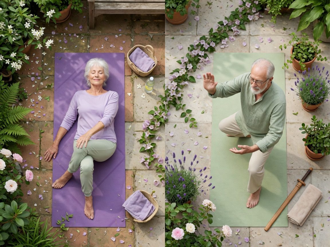 Senior man and woman doing yoga and Tai Chi in a garden, demonstrating low-impact senior exercise