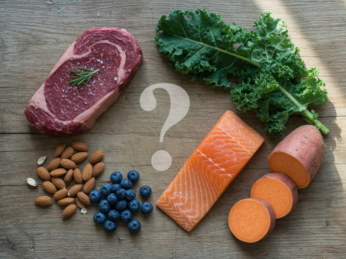 Flat-lay of Paleo diet foods including steak, salmon, almonds, berries, and leafy greens arranged on wood with a subtle question mark overlay