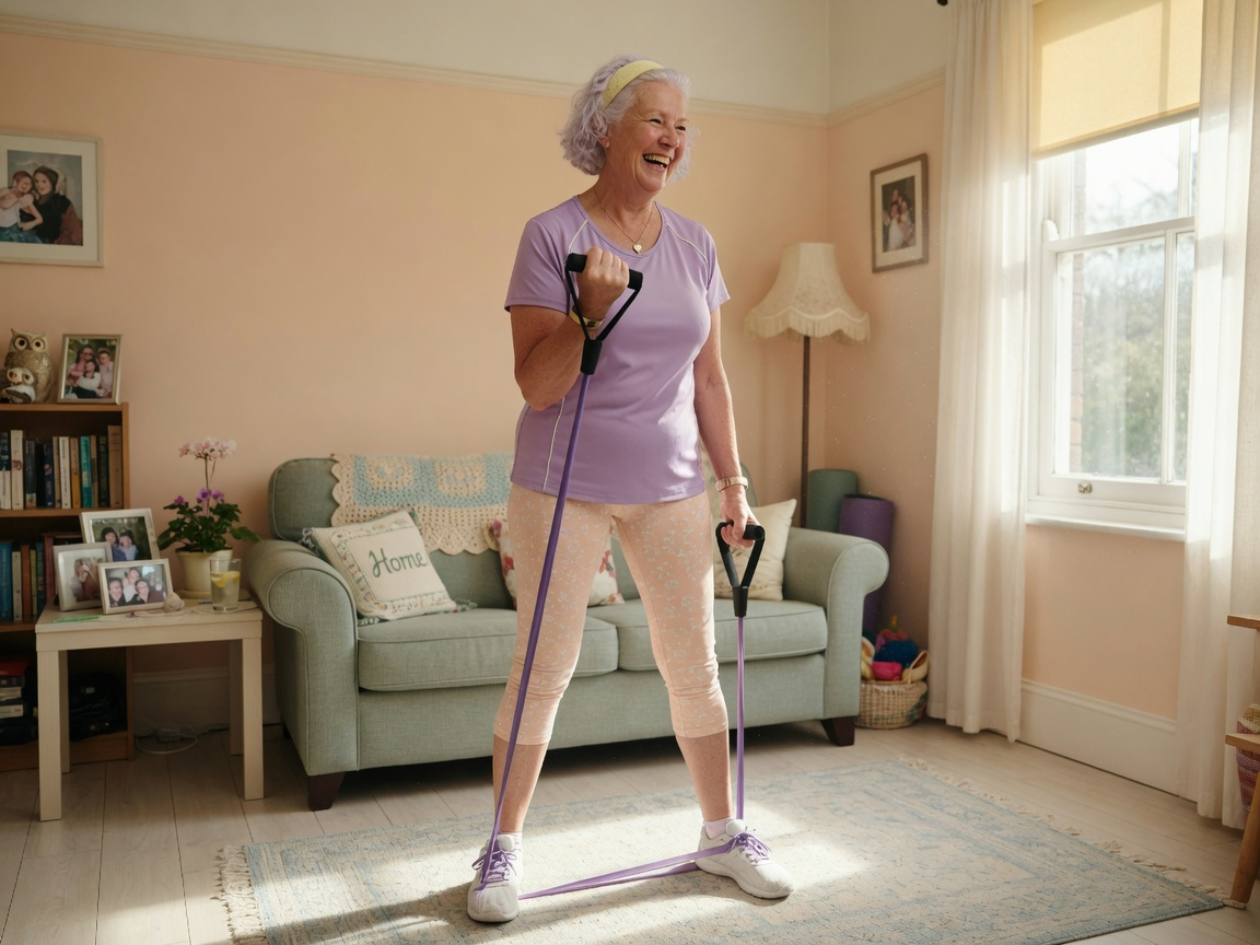 Active older woman doing resistance band bicep curl exercise in a bright home living room, smiling and healthy