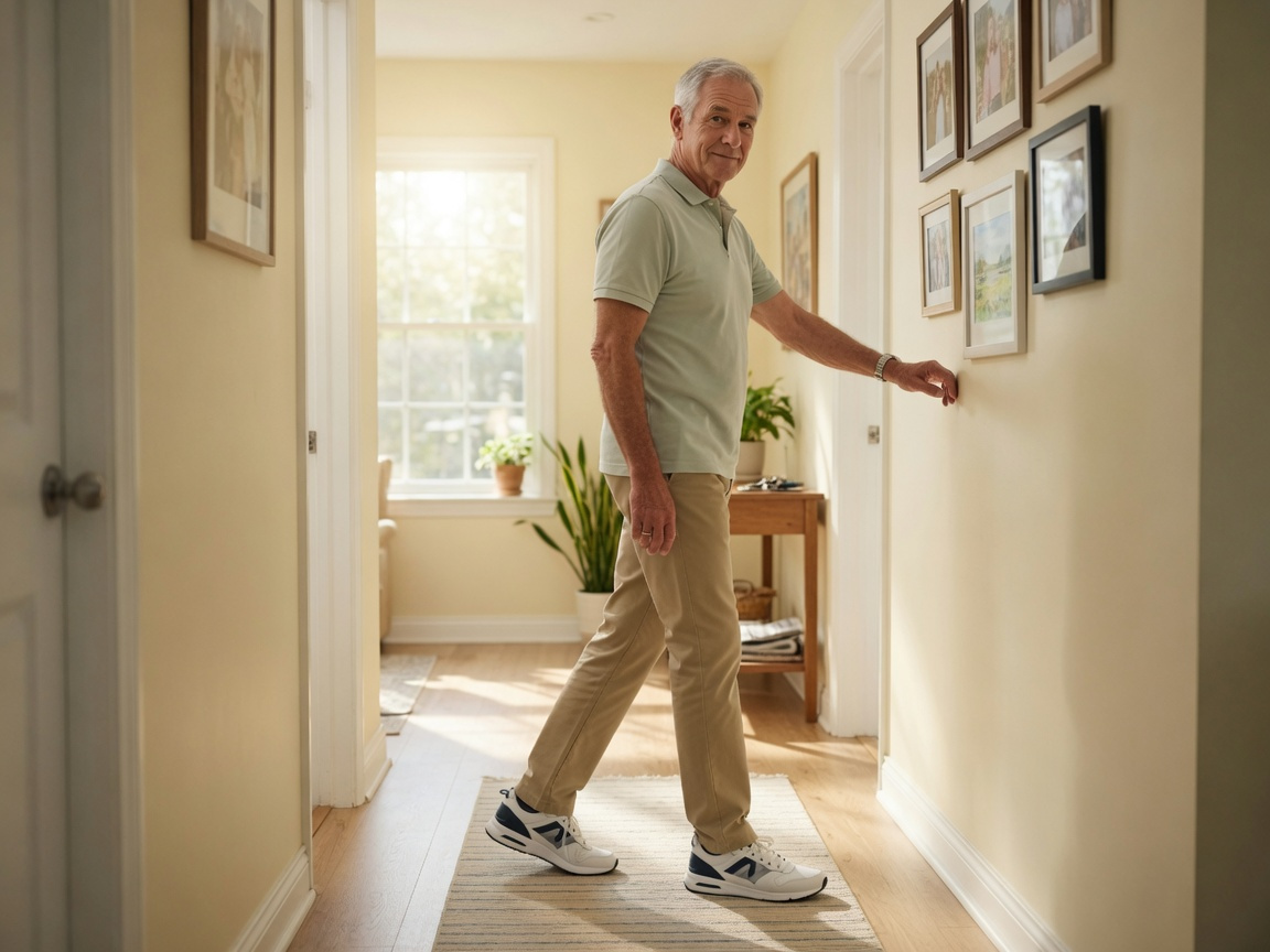 Senior man performing heel-to-toe balance walk along a sunlit home hallway wall